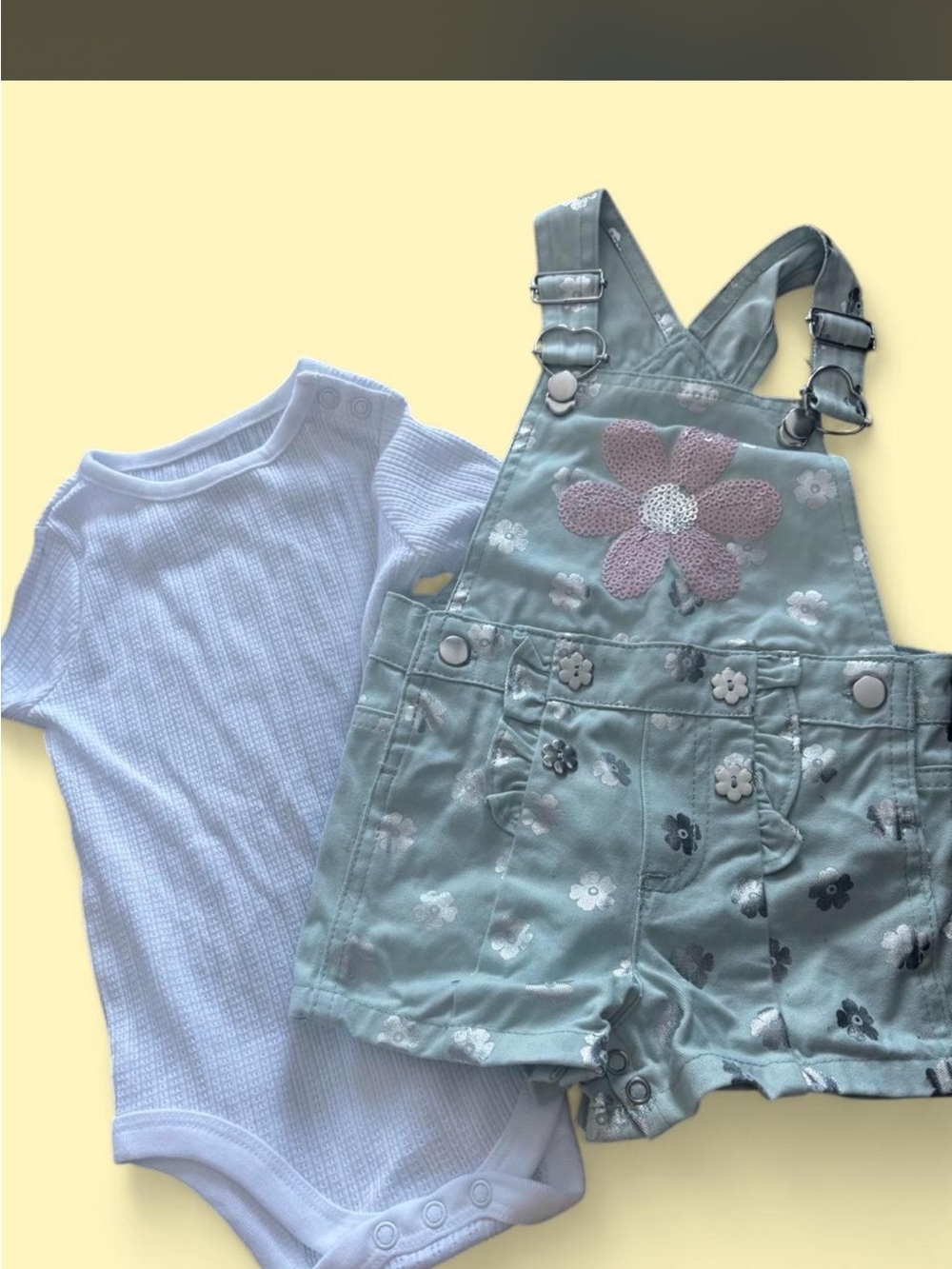 Toddler Mint Green Floral Overalls Set with White Bodysuit